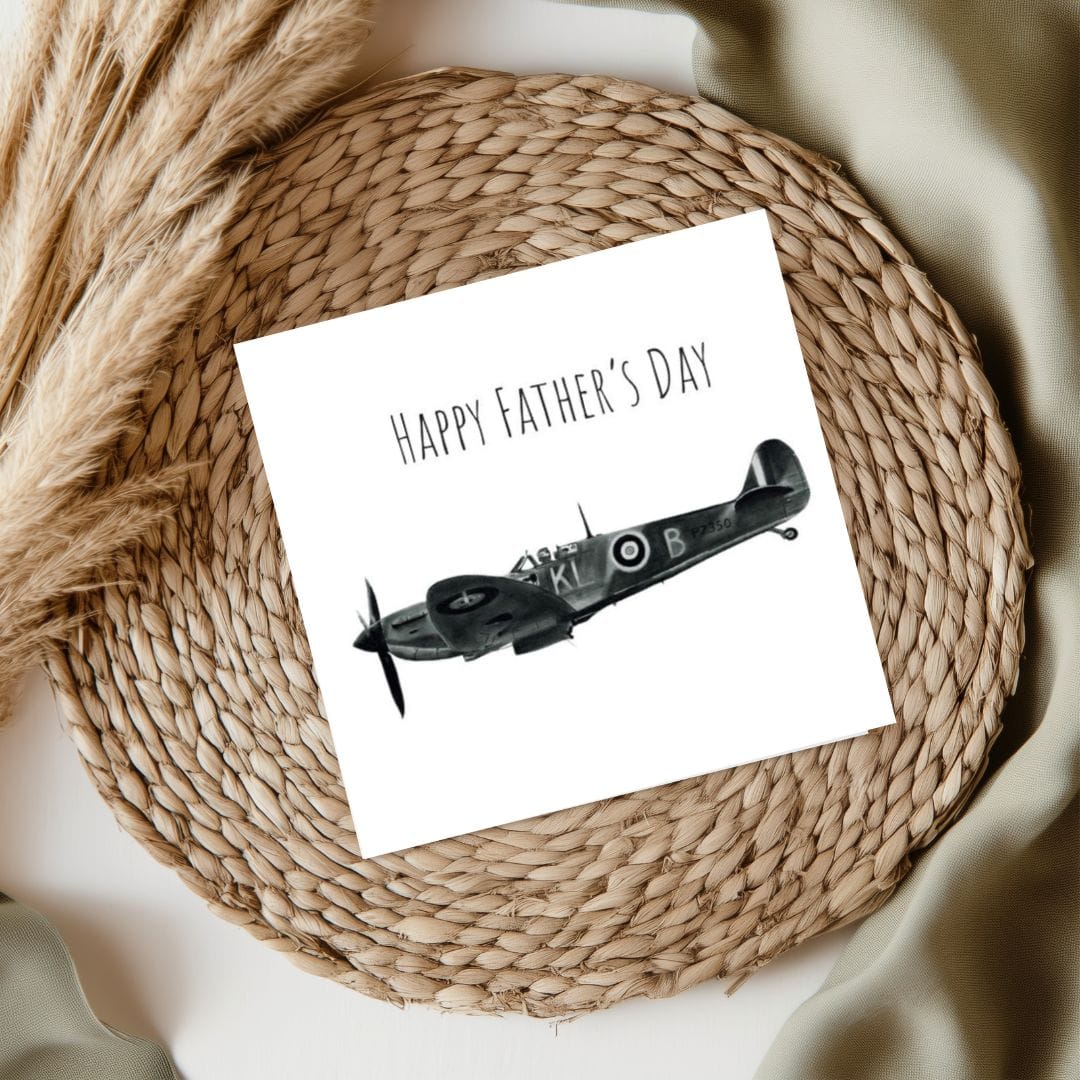 Happy Father’s Day Spitfire Card – Hand-drawn illustration of the iconic Spitfire aircraft, perfect for aviation enthusiasts.