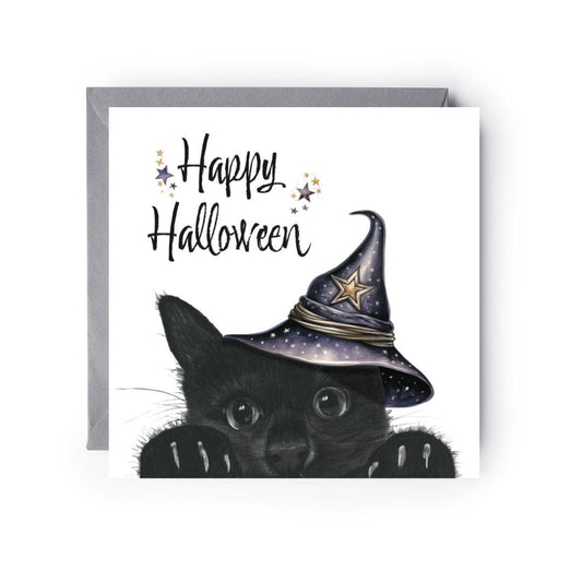 Cute Halloween Witches Cat Greeting Card | Spooky Witchy Halloween Card
