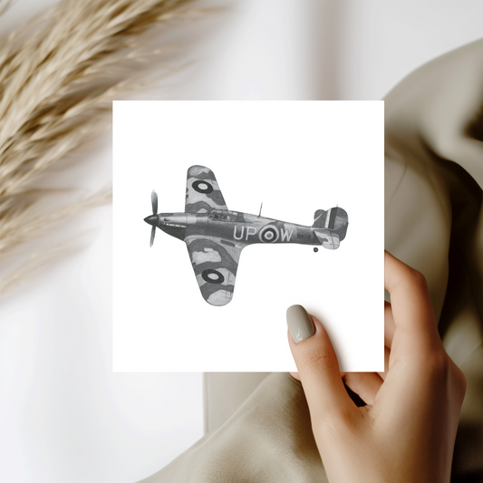 Hand-drawn Hawker Hurricane Mk R4118 aircraft greeting card for aviation enthusiasts