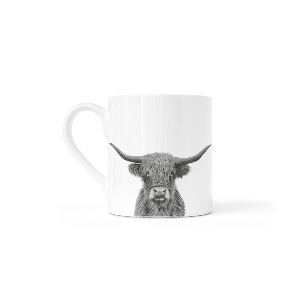 Rustic Highland coo design on a fine china mug, perfect animal lover’s gift.