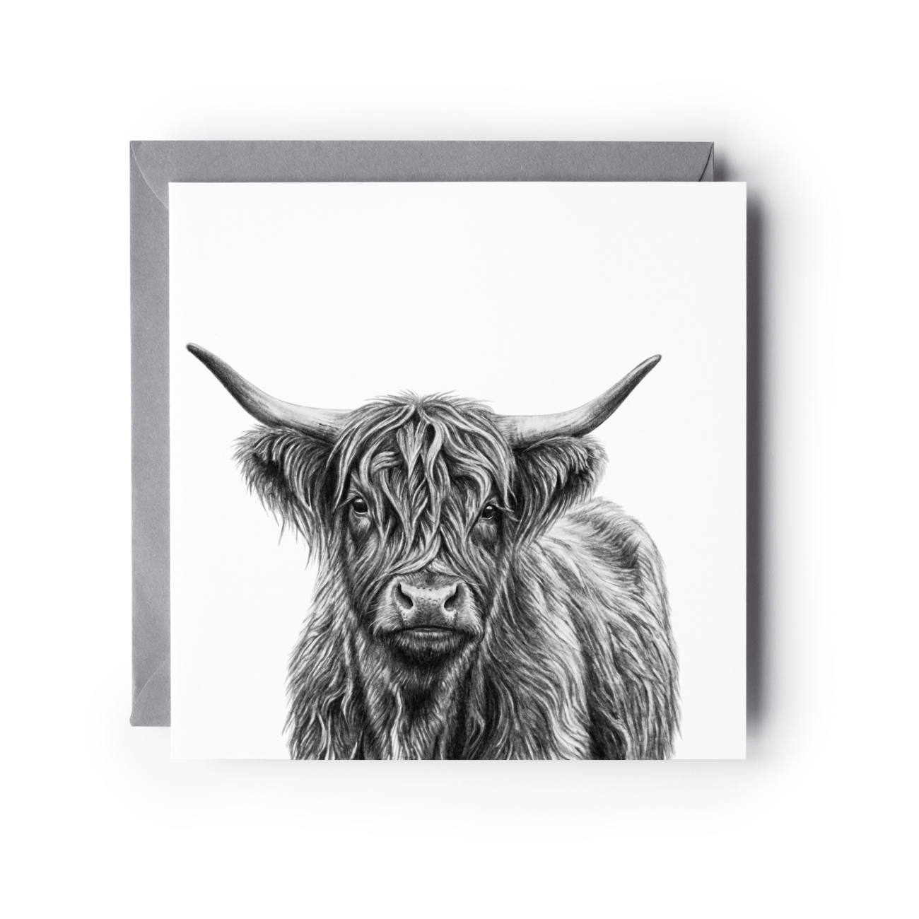 A square greeting card with a detailed black and white sketch of a Highland cow, shown with a gray envelope behind it on a white background.
