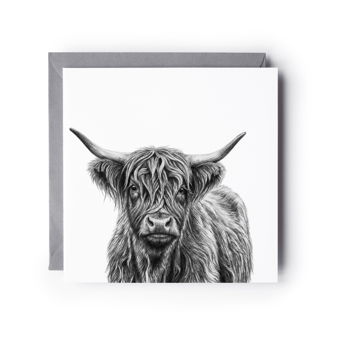 A square greeting card with a detailed black and white sketch of a Highland cow, shown with a gray envelope behind it on a white background.