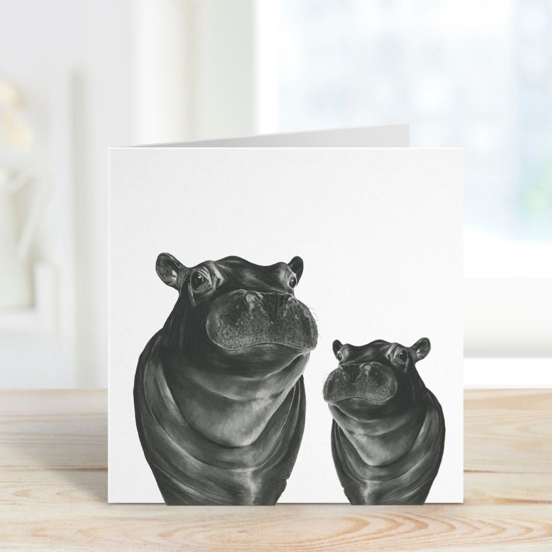 A Hand Drawn Hippo and Baby Greeting Card From Libra Fine Arts  Edit alt text