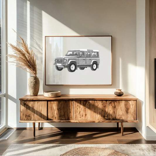 Land Rover Countryside Art Print | Hand-Drawn Automotive & Rural Scene