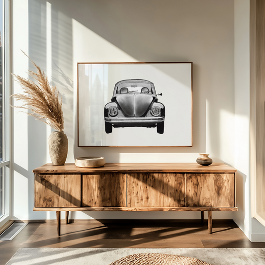 Classic Beetle Car Fine Art Print – Hand-Drawn Vintage Car Illustration