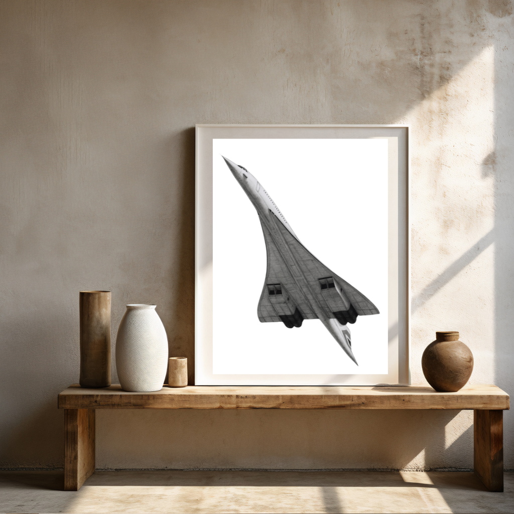 A detailed hand-drawn depiction of the Concorde during take-off, emphasizing its sleek supersonic design and dynamic ascent. Perfect for aviation lovers and collectors, this artwork brings the excitement of historic air travel to life.