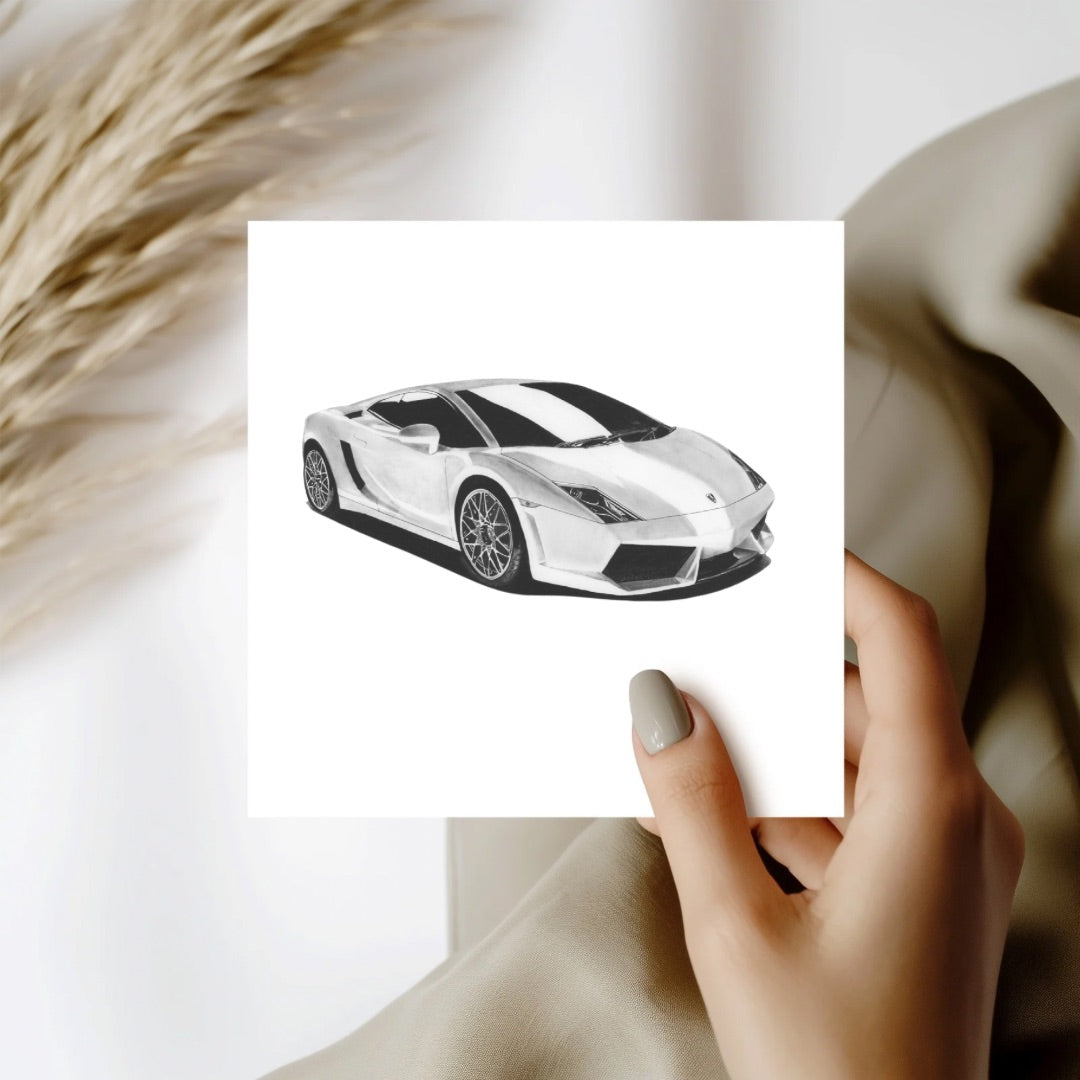 Hand-drawn Italian sports car greeting card, celebrating automotive excellence.