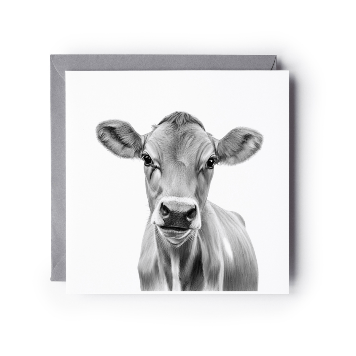 A square greeting card featuring a black and white portrait of a cow, shown with a gray envelope behind it on a white background.
