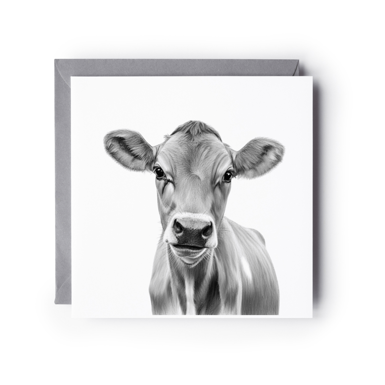 A square greeting card featuring a black and white portrait of a cow, shown with a gray envelope behind it on a white background.