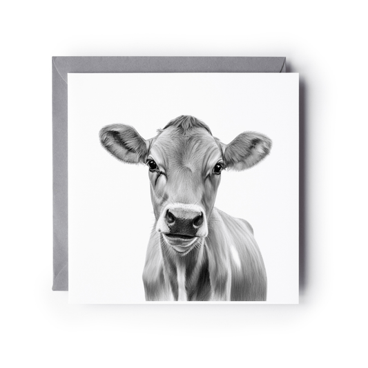 A square greeting card featuring a black and white portrait of a cow, shown with a gray envelope behind it on a white background.