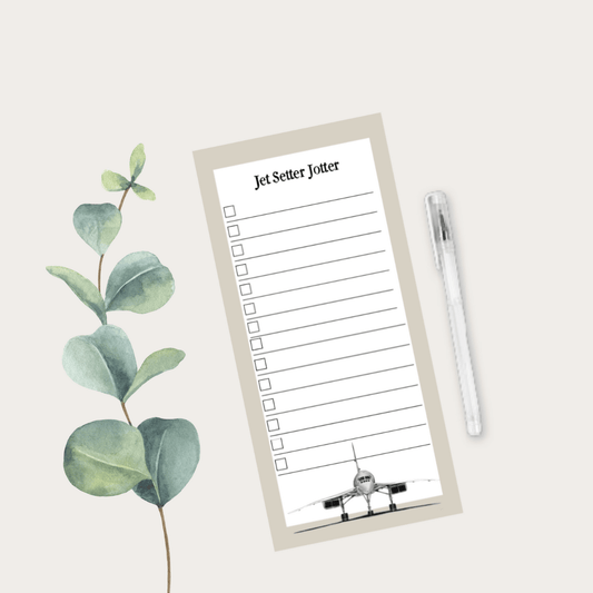 Jet Set Jotter with hand-drawn aircraft design. Perfect travel notebook and stylish stationery gift for aviation lovers and frequent flyers.