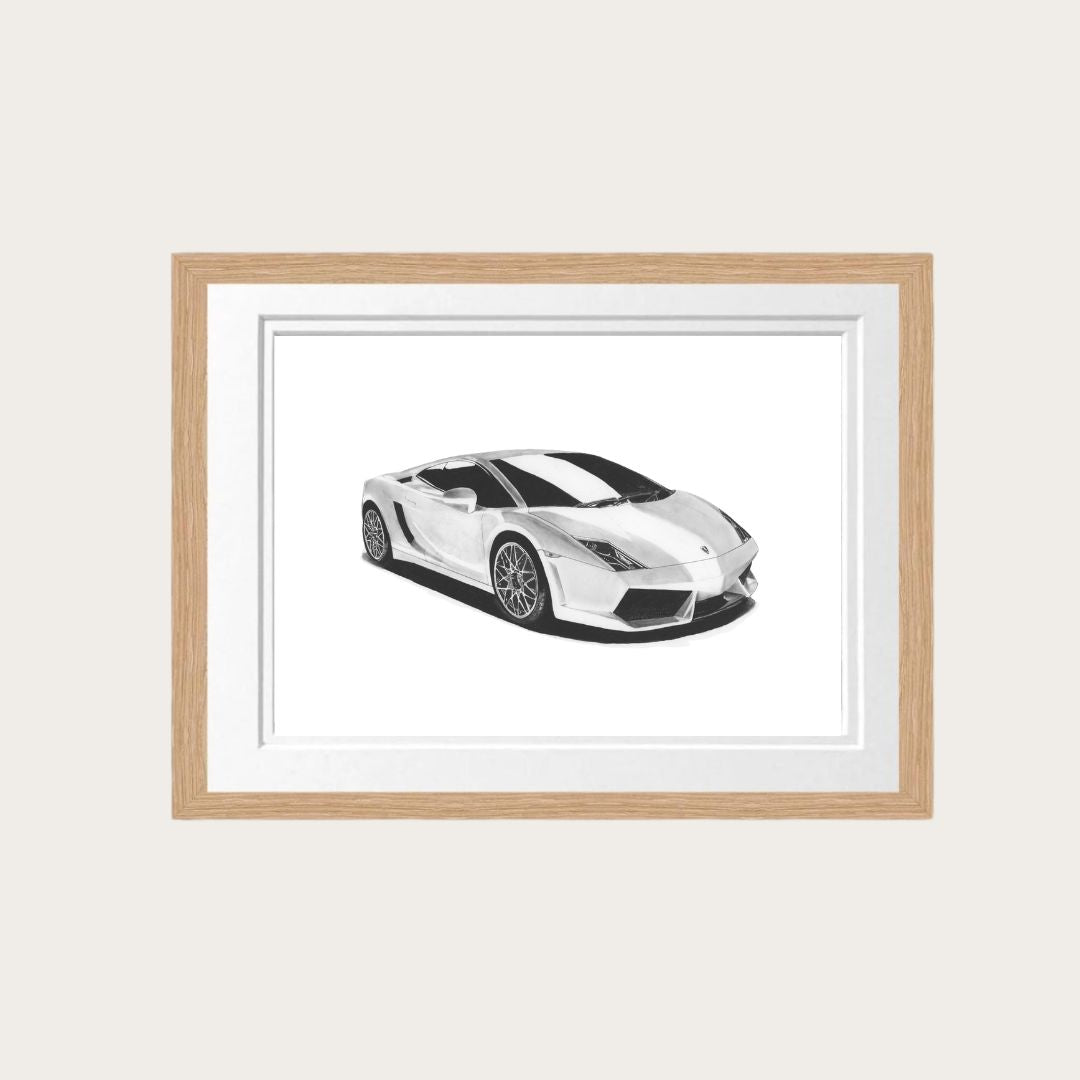 Hand-drawn Lamborghini Gallardo fine art print in oak frame, showcasing a sleek supercar illustration.