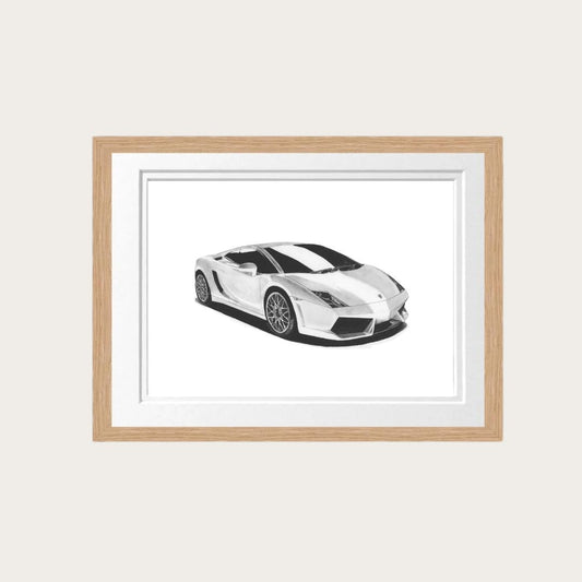 Hand-drawn Lamborghini Gallardo fine art print in oak frame, showcasing a sleek supercar illustration.