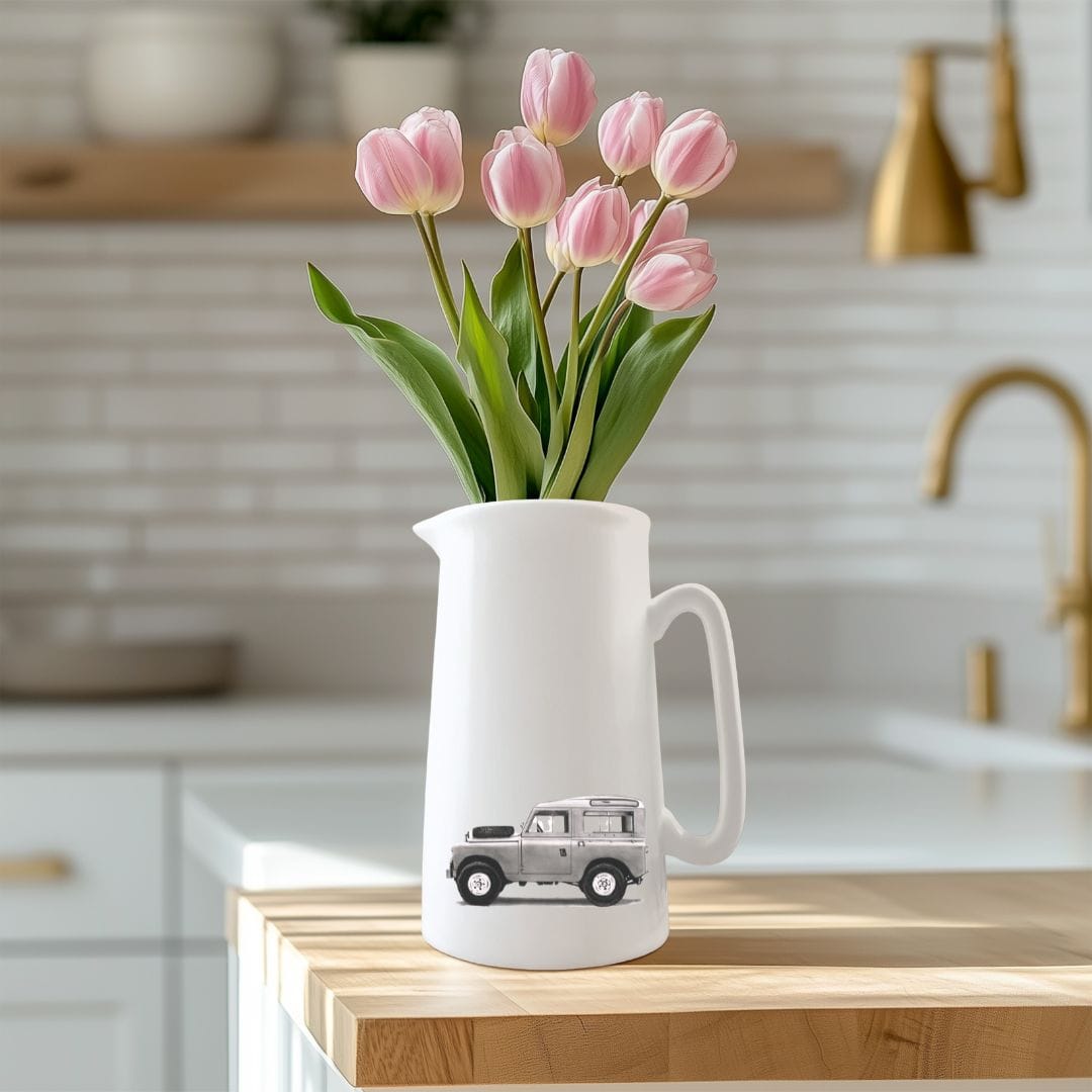 Bone china jug featuring a hand-drawn classic Land Rover, ideal countryside gift