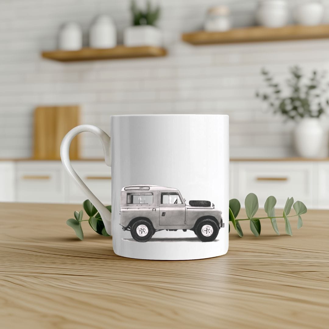 Bone china mug featuring a hand-drawn Land Rover classic SUV
