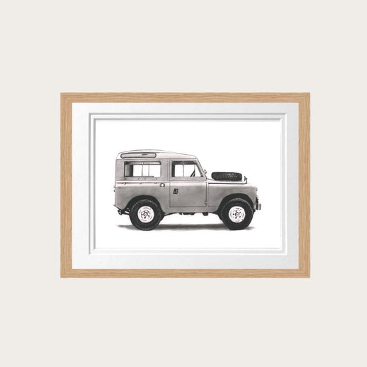 "Timeless hand-drawn Land Rover fine art print, showcasing a classic countryside scene. Perfect for car enthusiasts, nature lovers, and those who appreciate vintage vehicles. This artwork adds rustic charm to any home, office, or living space."

