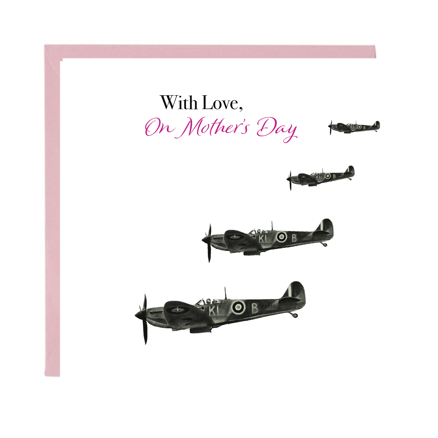 Vintage airplane illustration with 'With Love, On Mother's Day' text on a white background.