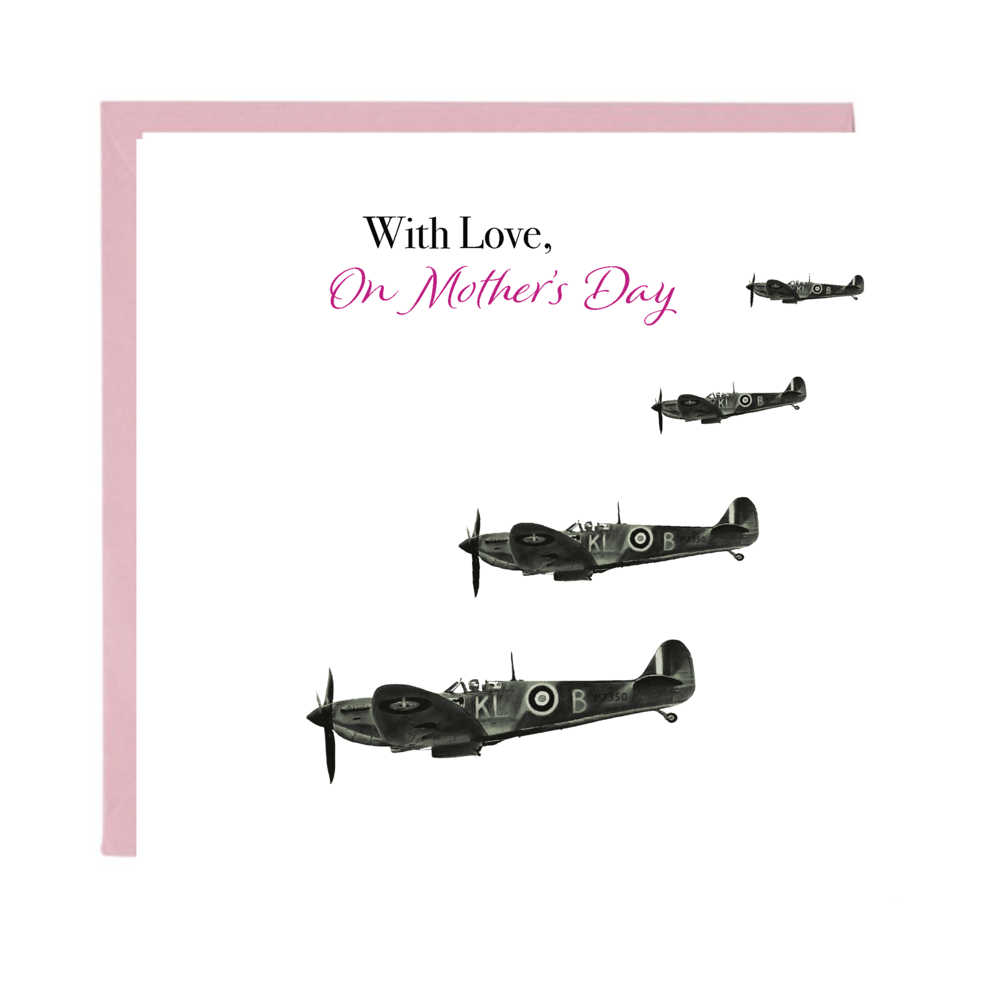 Vintage airplane illustration with 'With Love, On Mother's Day' text on a white background.