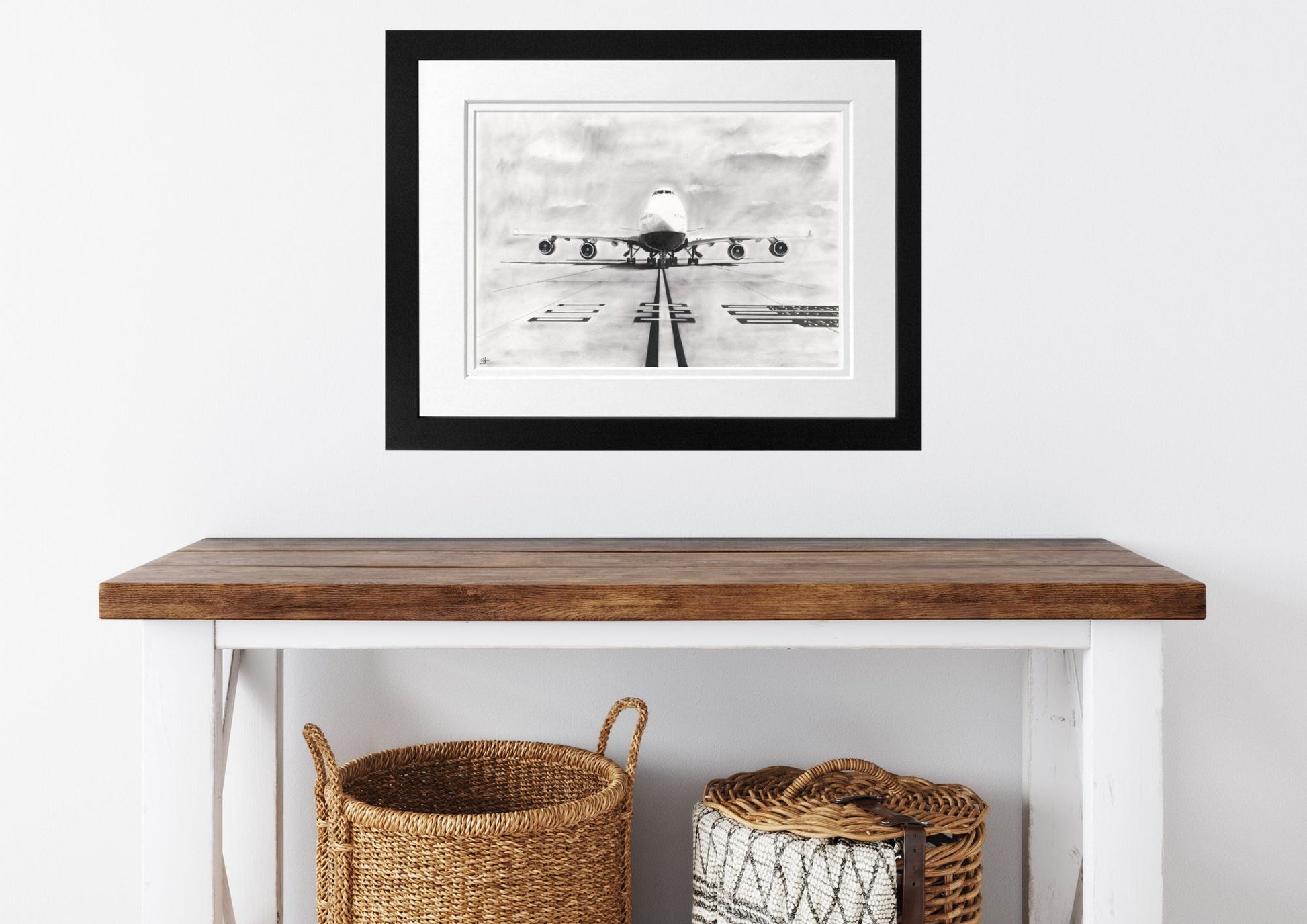 The 747 'Queen of the Skies' Fine Art Print by Libra Fine Arts, featuring a detailed black and white hand-drawn illustration of the iconic jumbo jet.