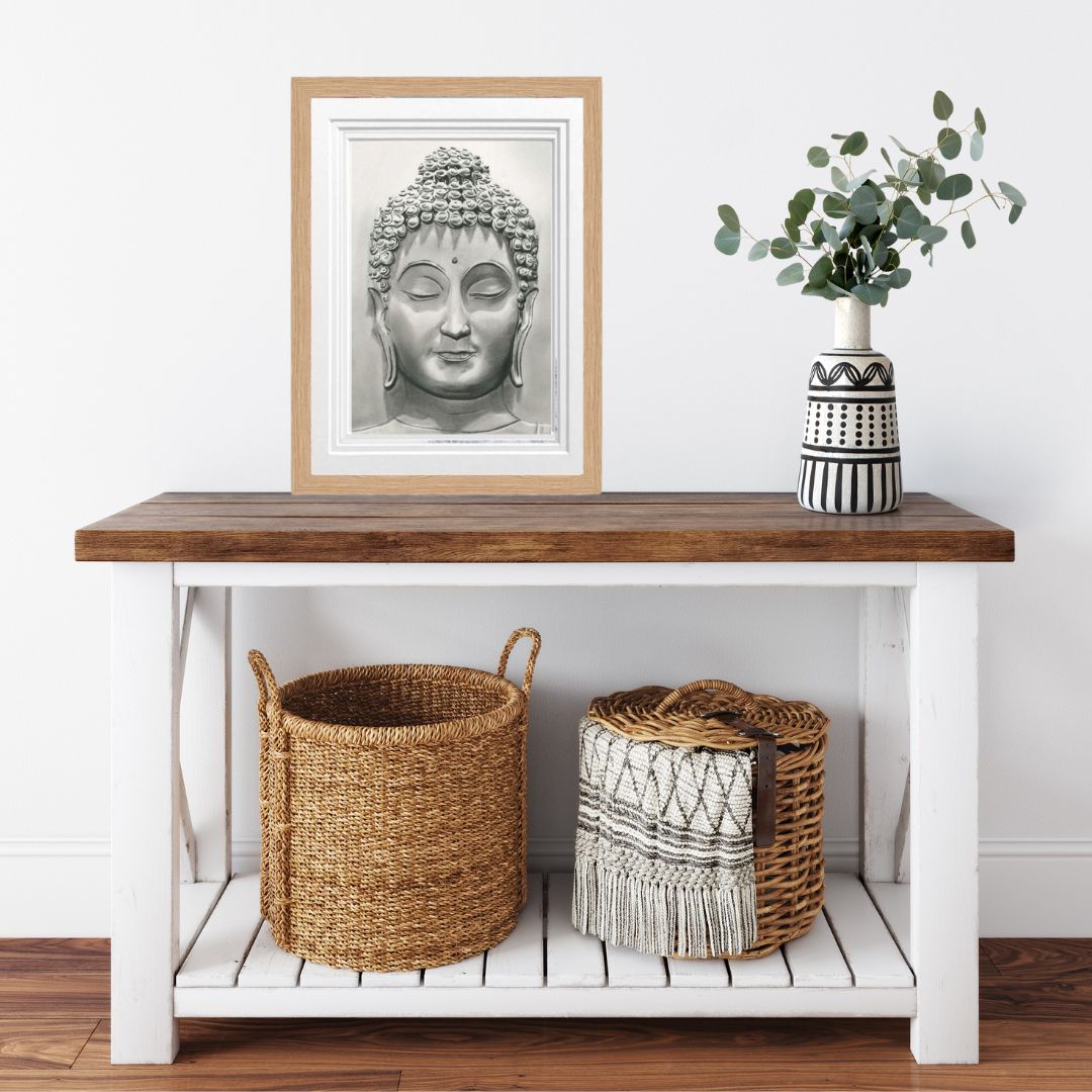 Buddha Fine Art Print by Libra Fine Arts, featuring a detailed black and white hand-drawn illustration of Buddha’s peaceful expression. A perfect addition to any mindful space.