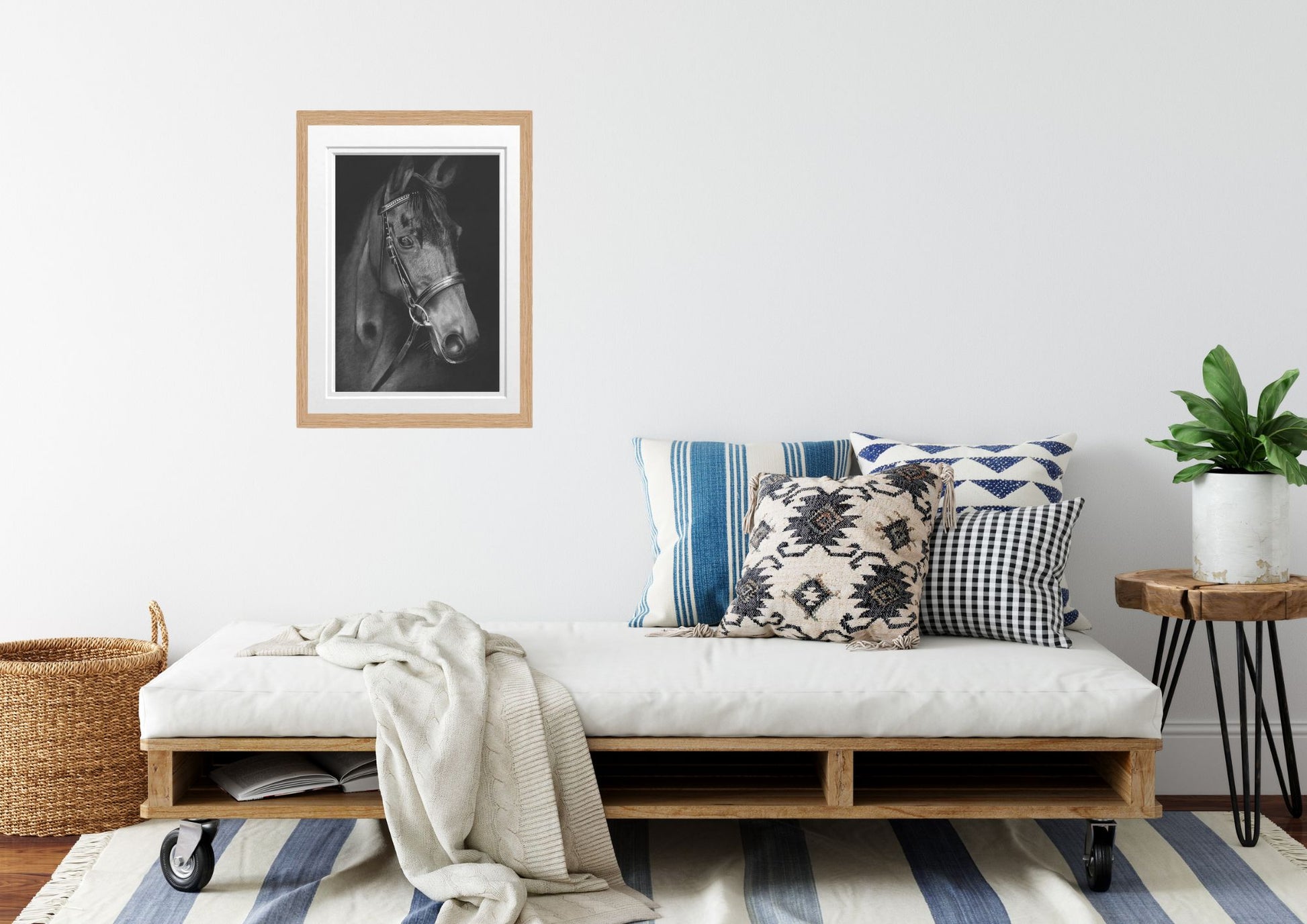 Libra_Fine_Arts_Hand_Drawn_Bunny Drawing_in_oak Frame. hanging above the sofa. _._A_beautiful_gift_for_horse lovers for birthday presents or christmas gifts.