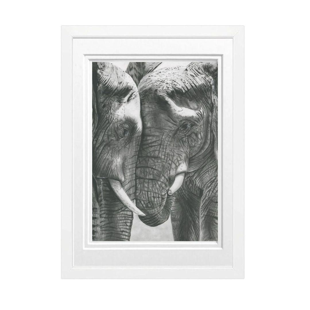 Libra_Fine_Arts_Hand_Drawn_Elephant_Tendernness_Drawing_in_white_Frame_._A_beautiful_birthday_wedding_or_anniversary_gift_for_elephant_safari_or_animal_lovers..