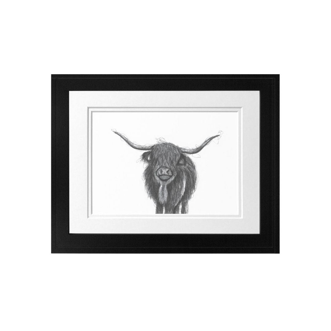 Libra_Fine_Arts_Hand_Drawn_Highland_Cow_Drawing_in_Black_Frame_ A fantastic birthday , anniversary or christmas present for any highland cow, countryside or wildlife lover.
