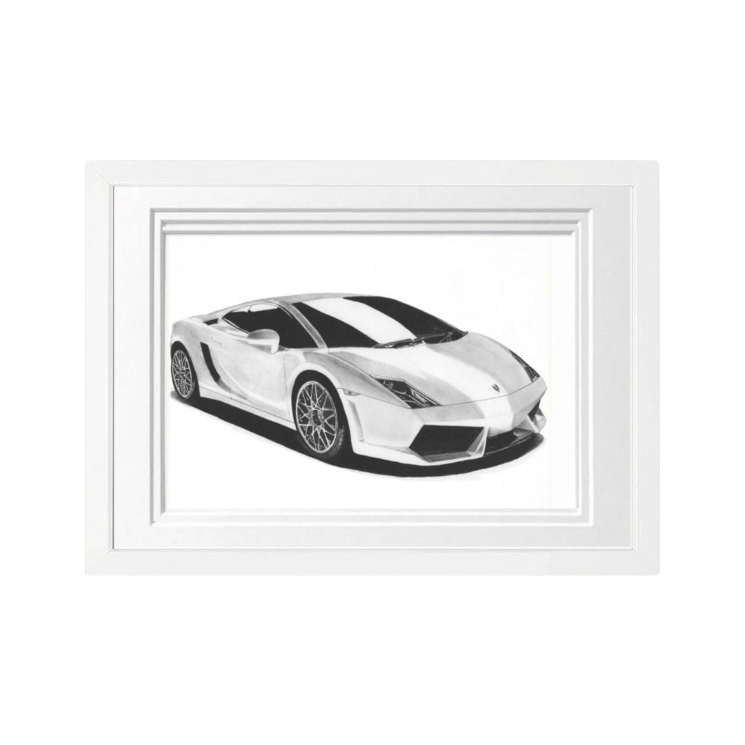 Libra_Fine_Arts_Hand_Drawn_Lamborghini_Gallado_Car_Drawing_in_an_white_Frame. The perfect birthday gift or christmas present for petrol heads and fast car lovers