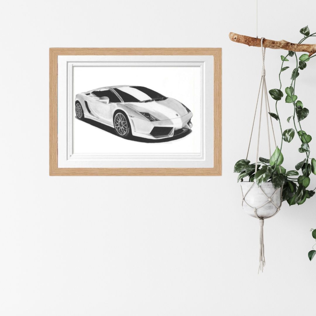 Hand-drawn Lamborghini Gallardo Fine Art Print displayed in a modern frame, showcasing the precision and artistry of this stunning Italian sports car.