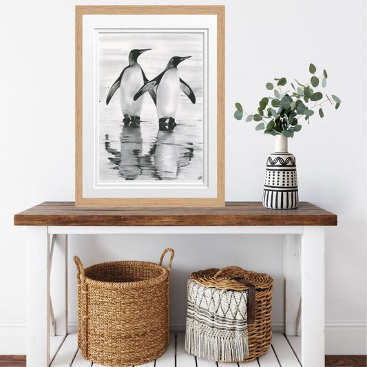 Libra_Fine_Arts_Hand_Drawn_PenguinDrawing_in_oak  Frame hanging in the hallway. . The perfect gift for christmas, birthday present or anniversary present for Penguin,  wildlife and sealife lovers