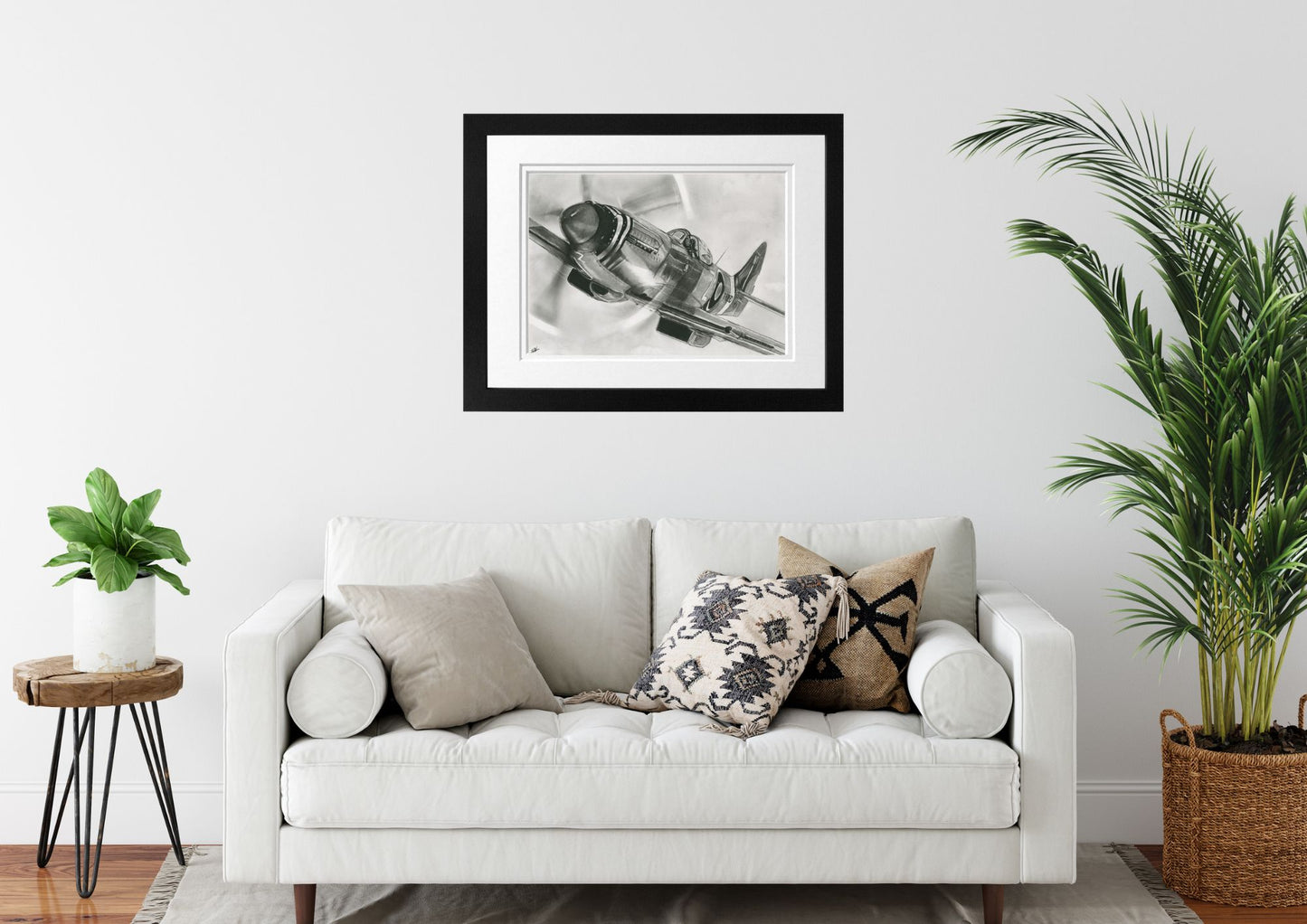 Flying Spitfire Fine Art Print by Libra Fine Arts, featuring a detailed black and white hand-drawn illustration of the iconic aircraft. A must-have for aviation lovers