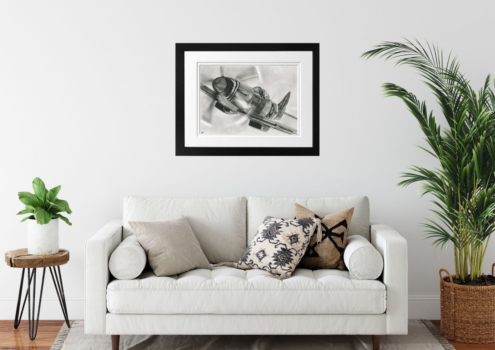 Flying Spitfire Fine Art Print by Libra Fine Arts, featuring a detailed black and white hand-drawn illustration of the iconic aircraft. A must-have for aviation lovers