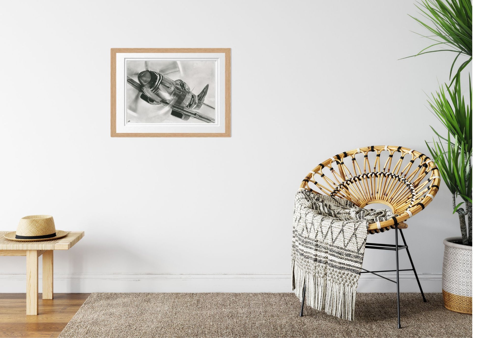 Aviation-inspired Flying Spitfire Fine Art Print displayed in a frame, showcasing intricate hand-drawn details of the classic aircraft. Perfect for collectors and history enthusiasts."