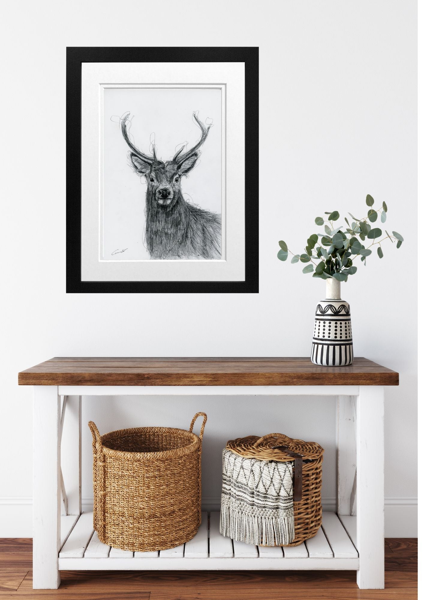 Part of the Scottish Highland Collection this is a perfect gift for wildlife and Libra_Fine_Arts_Stag_Fine_Art_Print in a black frame on wall.  