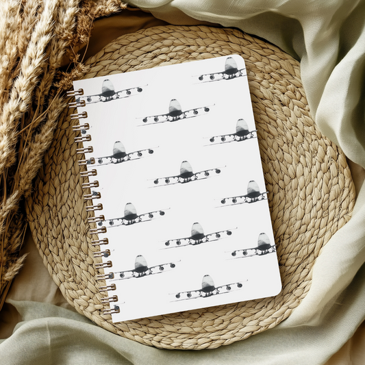 Lined notebook featuring Boeing 747 aircraft hand-drawn planes in Libra Fine Arts style, detailed in delicate, fine lines with a classic, timeless aviation theme