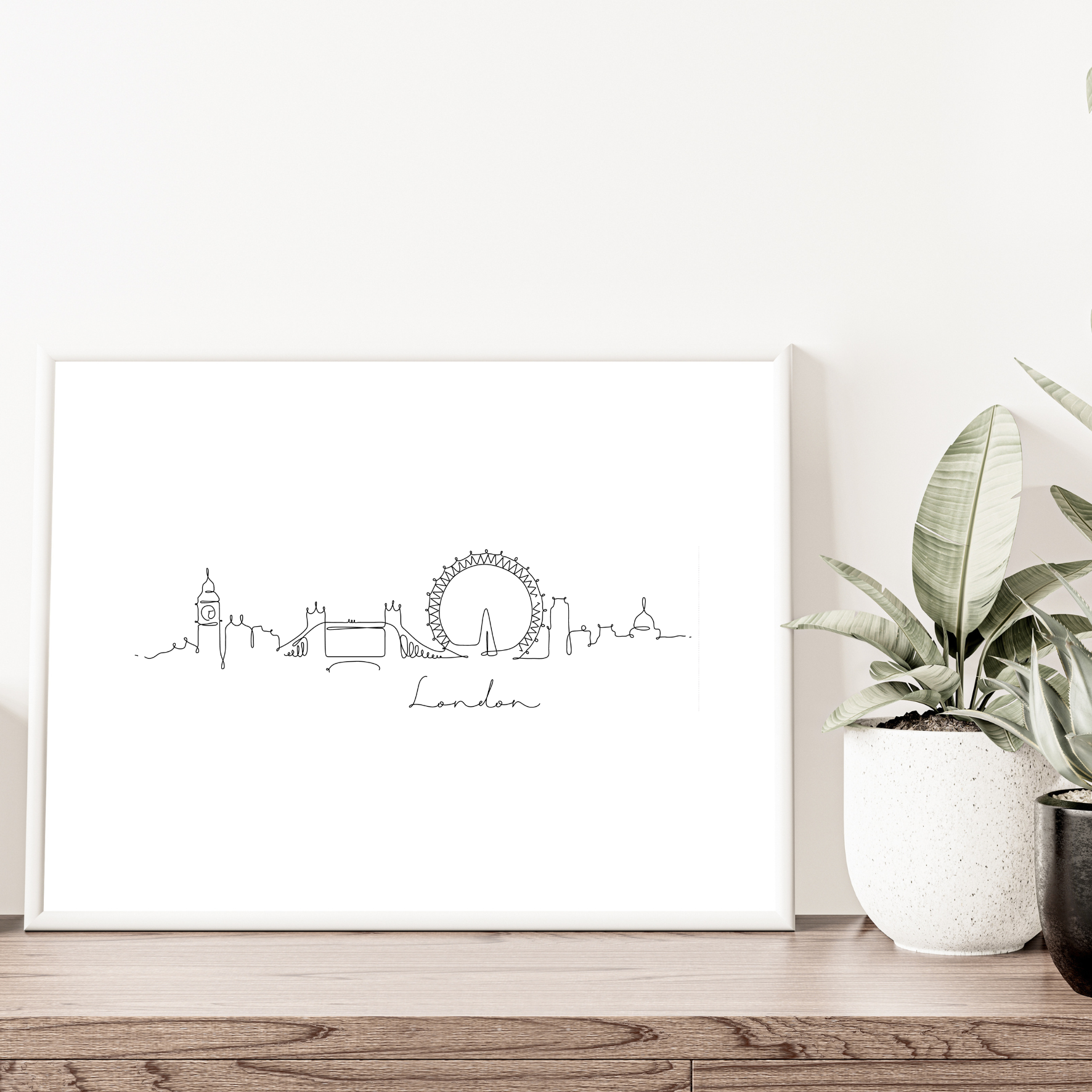 Minimalist black and white A4 line drawing of London skyline featuring Tower Bridge, Big Ben, The Shard, and London Eye, unframed print.