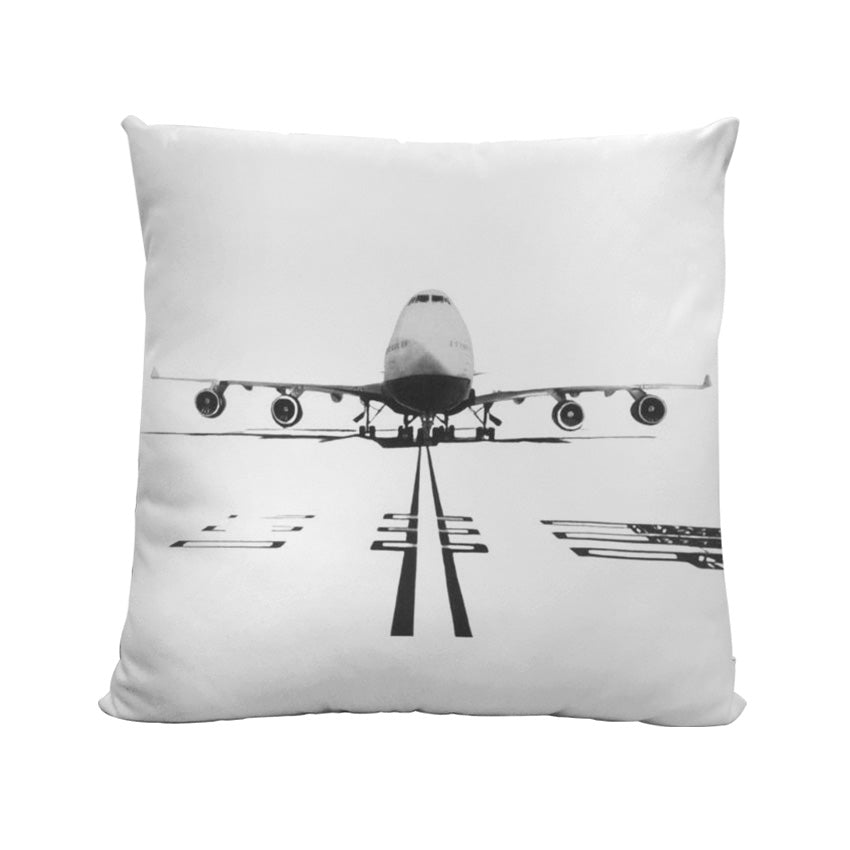 A soft faux suede cushion showcasing a detailed hand-drawn Boeing 747, perfect for aviation enthusiasts and stylish home décor.
