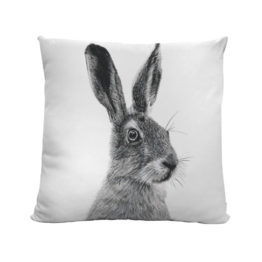 Soft faux suede cushion featuring a charming hand-drawn hare, ideal for nature-inspired and wildlife home décor.