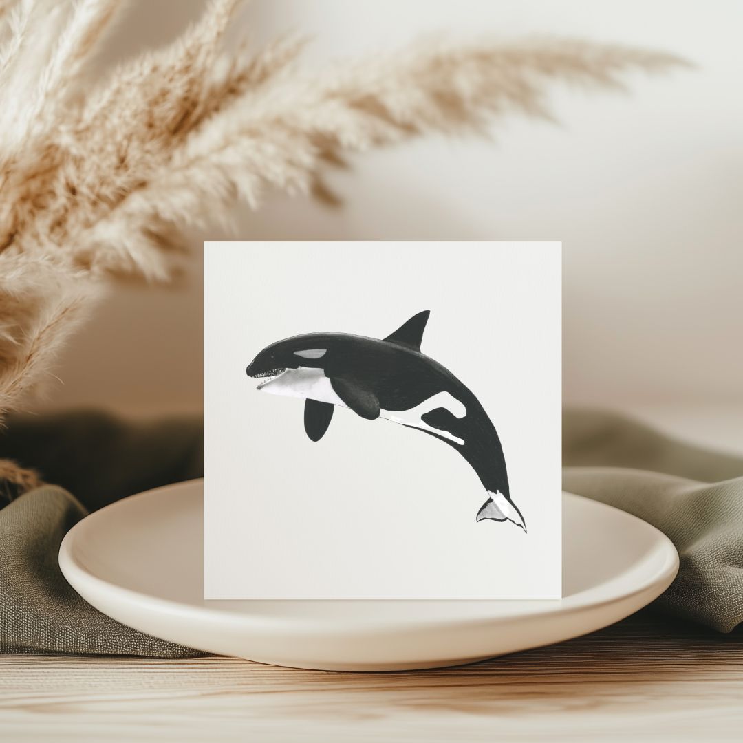 Hand-drawn Lynx the Killer Whale greeting card, featuring captivating marine wildlife art.

