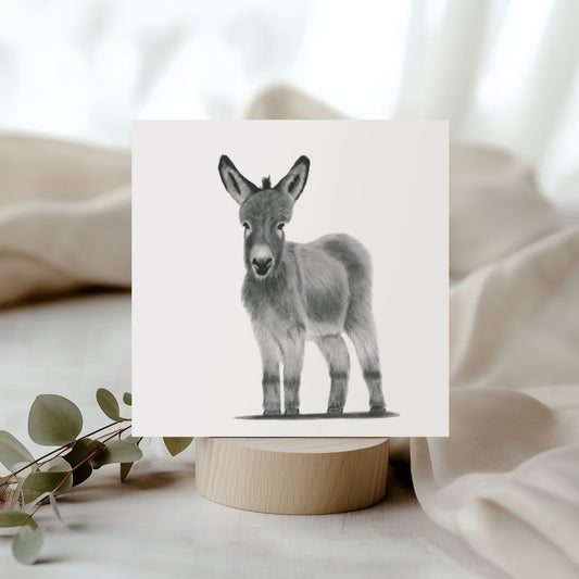 Charming hand-drawn Lyra the Donkey greeting card, featuring a detailed countryside animal illustration, perfect for nature lovers, farm animal enthusiasts, and rustic home decor lovers. Ideal for birthdays, thank you notes, or any special occasion