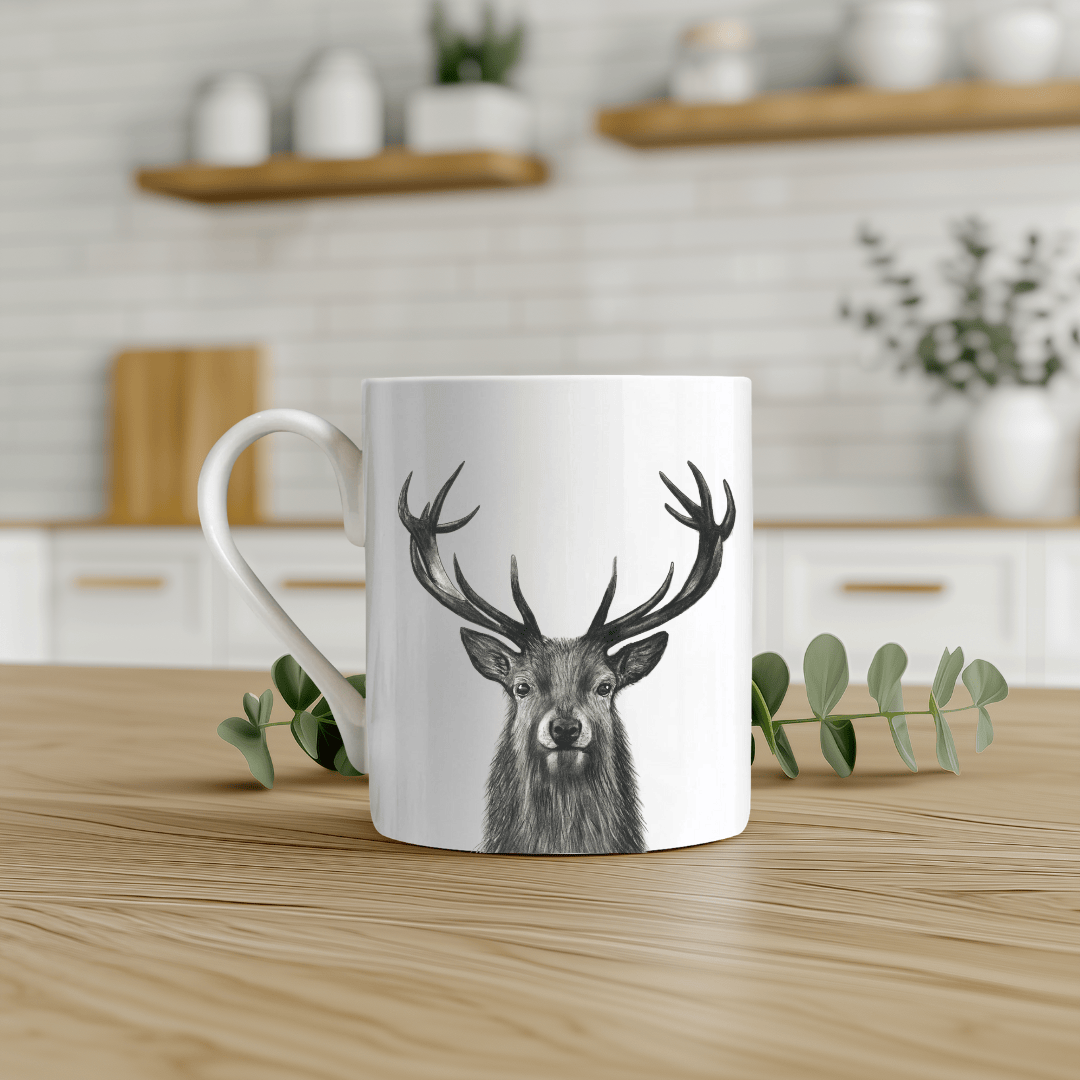 Hand-drawn stag illustration on a fine bone china mug, ideal for wildlife fans.