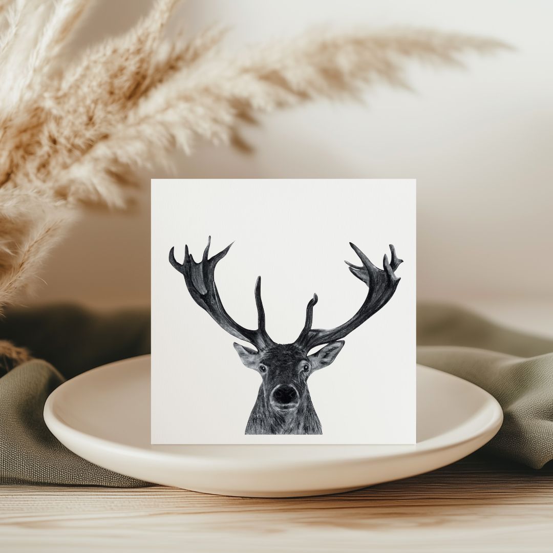 An elegant greeting card showcasing "Polaris the Stag," a hand-drawn depiction of a majestic stag amidst a serene landscape. This wildlife illustration is perfect for sending heartfelt messages to friends and family who appreciate the beauty of nature.