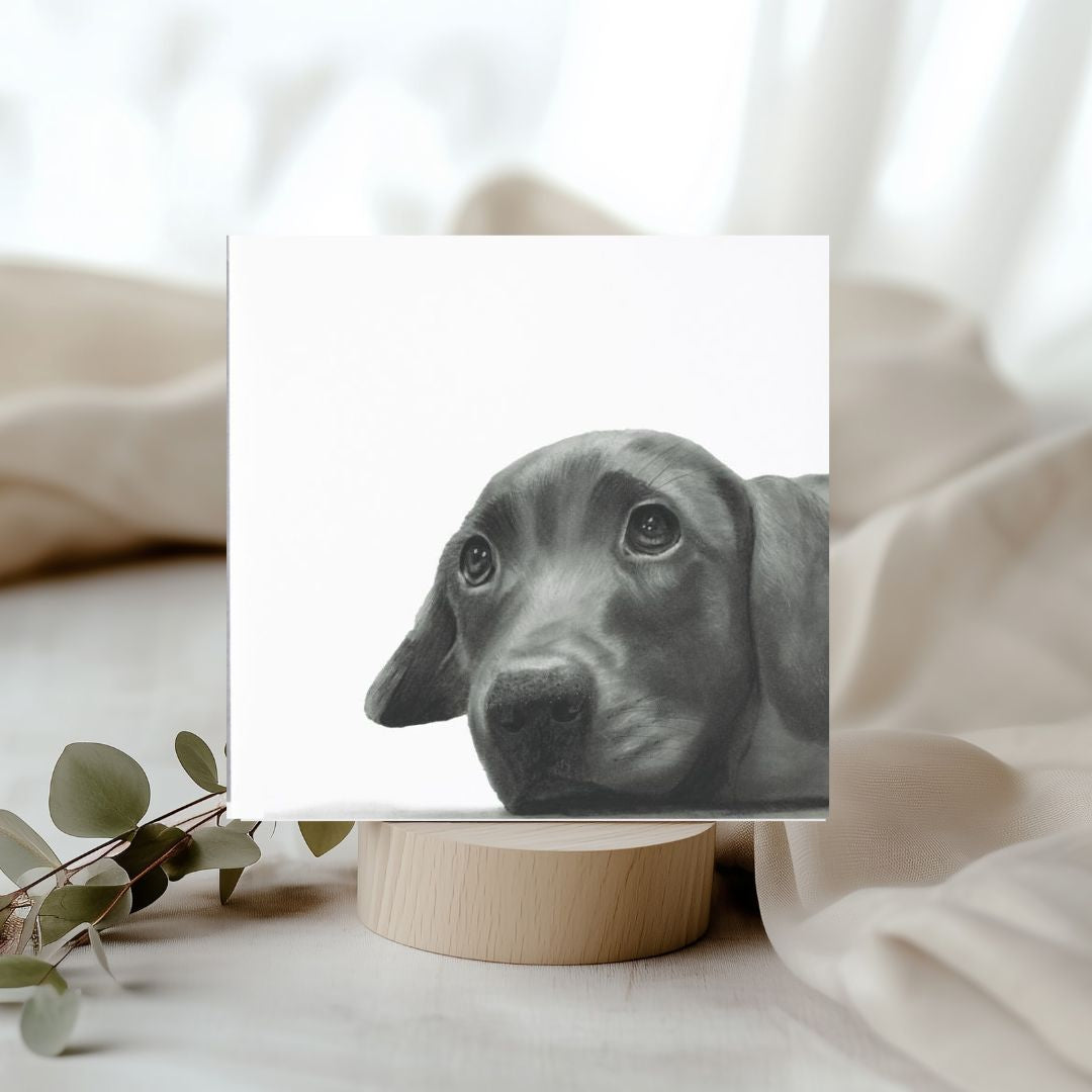 This charming Maru the Labrador puppy greeting card features a hand-drawn illustration by Libra Fine Arts. Perfect for dog lovers, it captures the playful spirit and sweetness of a Labrador puppy.