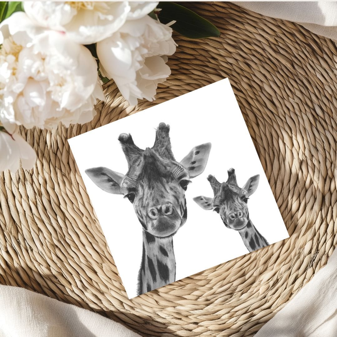 A delightful hand-illustrated greeting card featuring Maya and her baby giraffe, perfect for sending love, joy, and warm wishes to animal and nature lovers