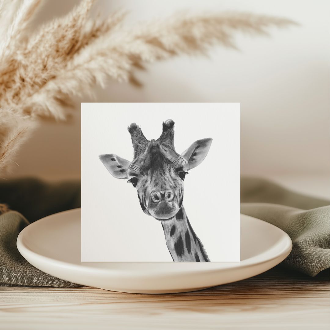 Hand-drawn greeting card featuring Maya the Giraffe, showcasing elegant wildlife illustration.