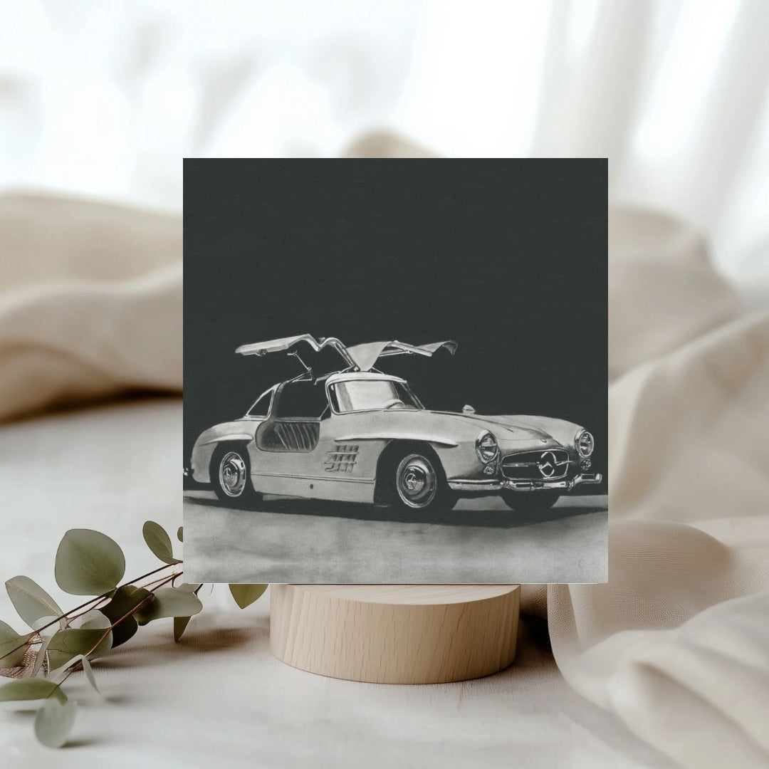 Hand-drawn Mercedes greeting card, featuring detailed classic car artwork.
