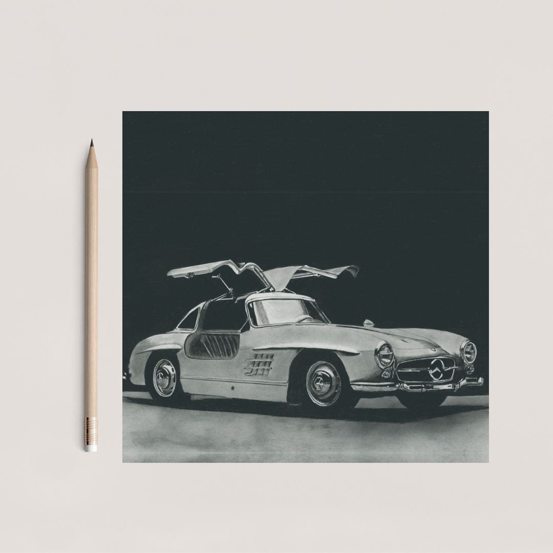 Mercedes Hand-Drawn Greeting Card by Libra Fine Arts, featuring a detailed black and white illustration of a classic Mercedes car. A perfect gift for car lovers and collectors.