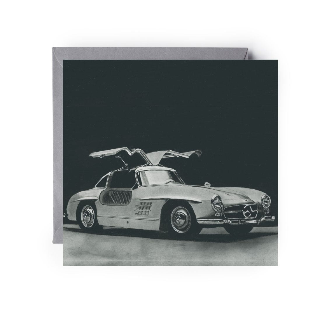 Mercedes Hand-Drawn Greeting Card by Libra Fine Arts, featuring a detailed black and white illustration of a classic Mercedes car, paired with a grey envelope
