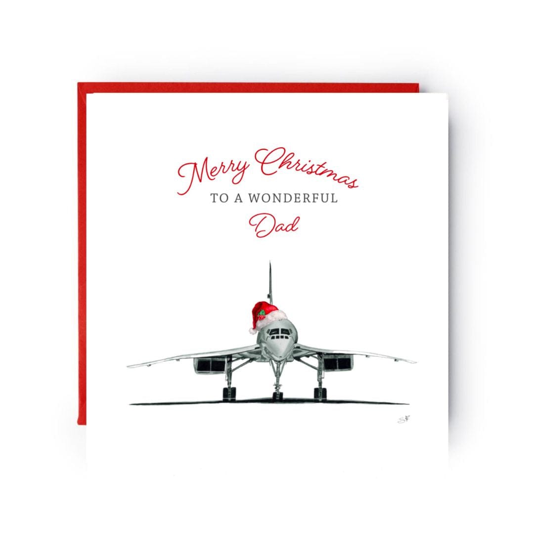 Celebrate Christmas with Dad using this unique Concorde-themed card, featuring a beautifully hand-drawn illustration perfect for aviation lovers