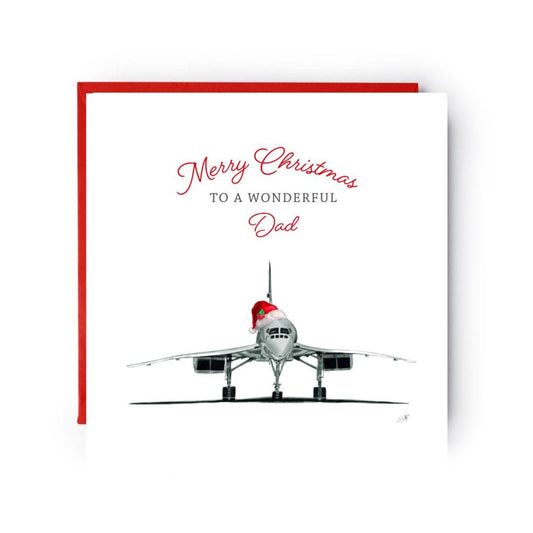 Celebrate Christmas with Dad using this unique Concorde-themed card, featuring a beautifully hand-drawn illustration perfect for aviation lovers